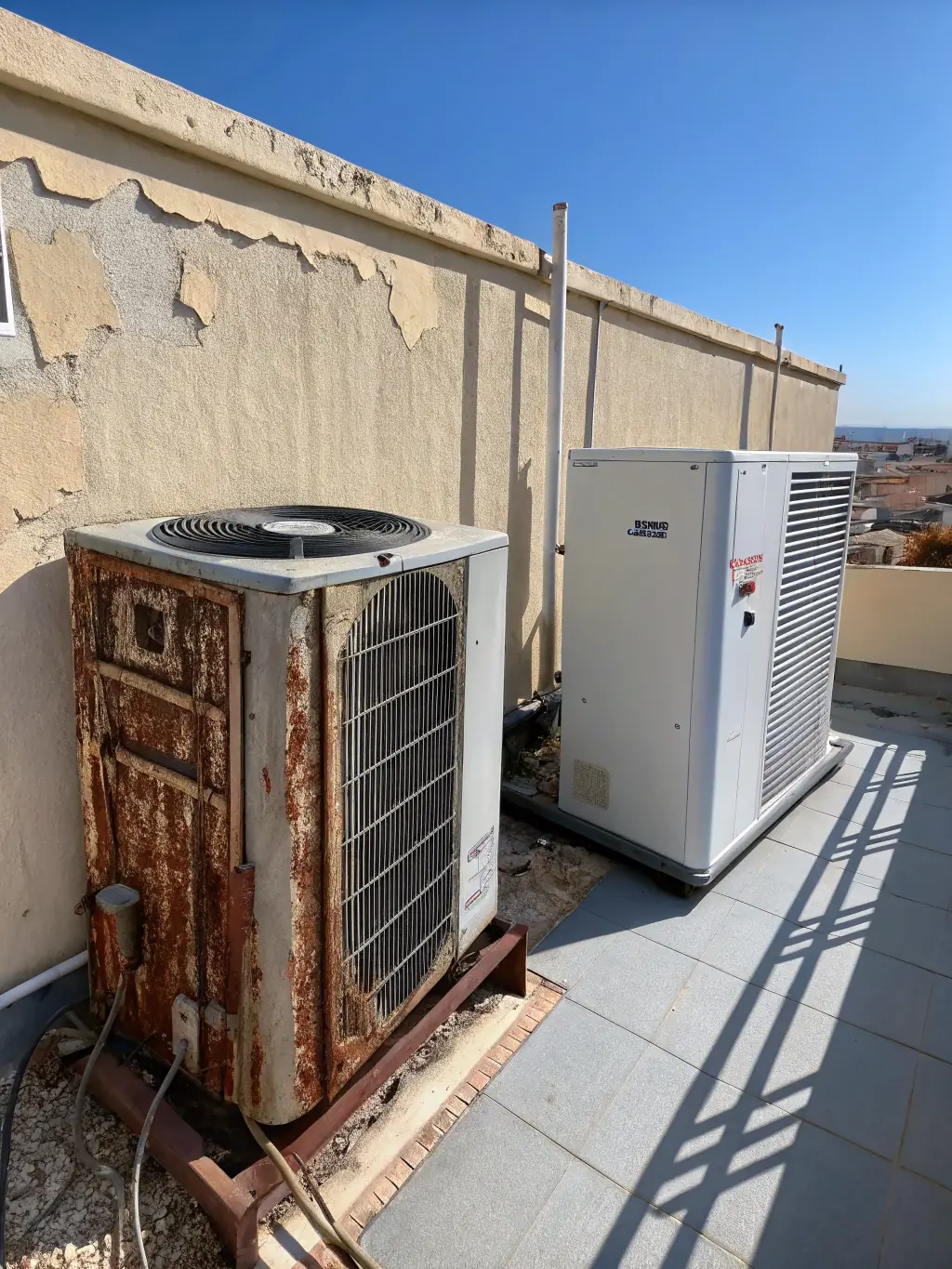 A split-screen image showing a before-and-after of an air conditioning unit, with the 'before' side showing a dirty, inefficient unit and the 'after' side showing a clean, well-maintained unit.
